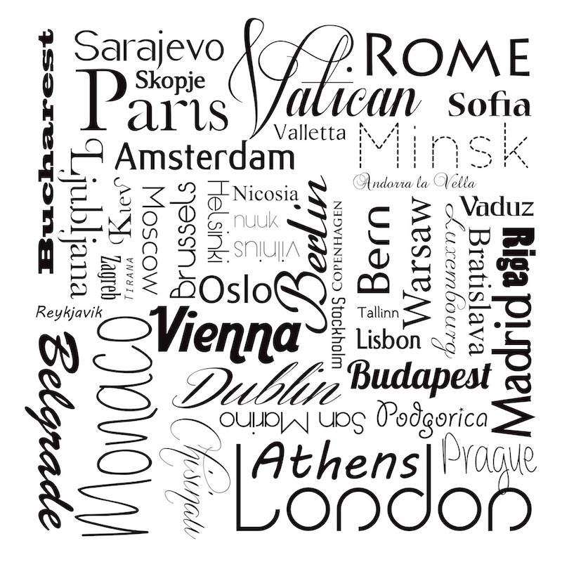 Carta Da Parati Nomi Di Città In Bianco E Nero - Fotomurale