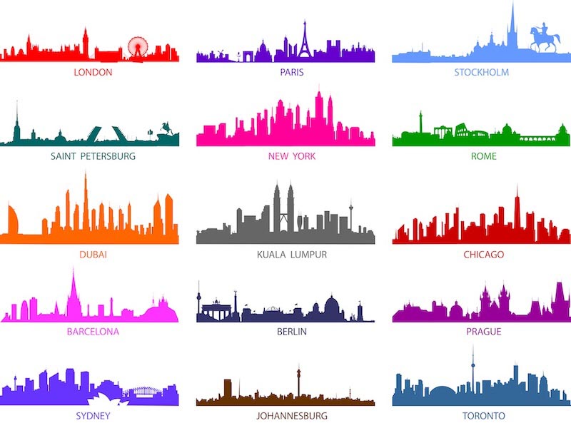 Carta Da Parati Sagome Di Città Colorate Del Mondo - Fotomurale