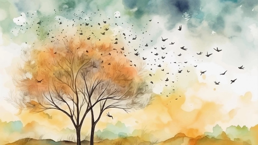 Carta Da Parati Albero Autunnale con Uccelli - Fotomurale