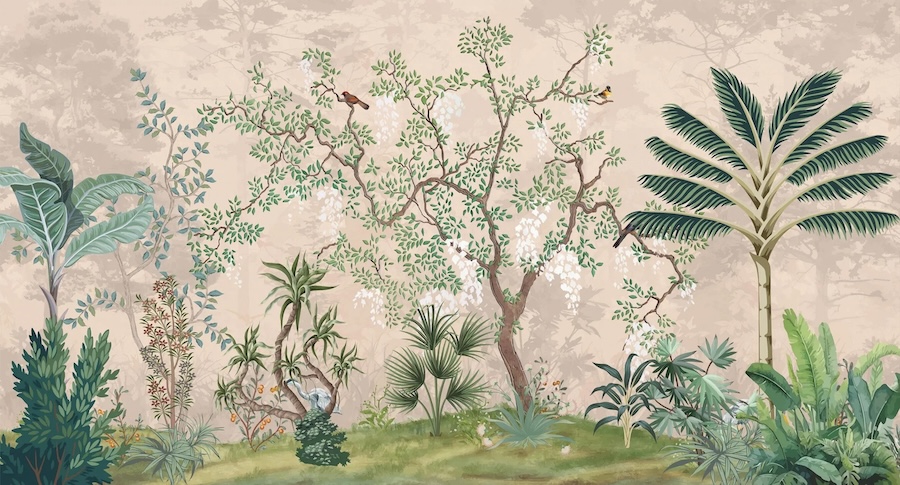 Carta Da Parati Alberi Tropicali con Uccelli - Fotomurale