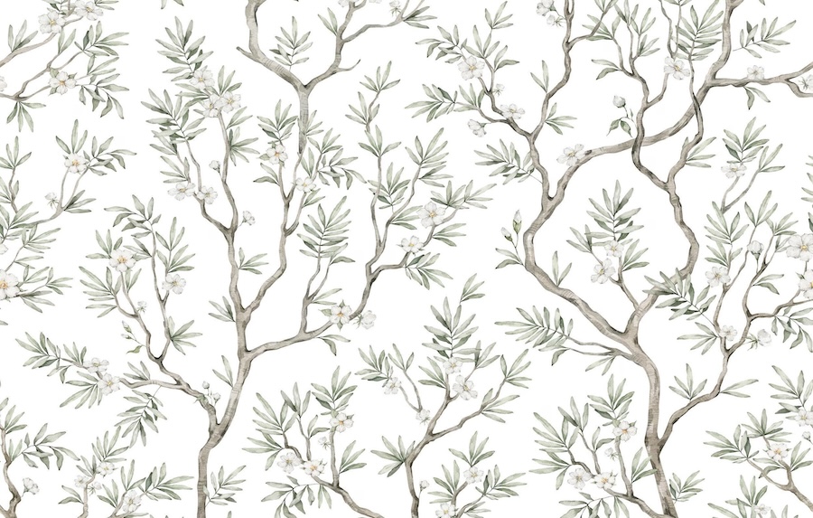 Carta Da Parati Rami Botanici Eleganti con Fiori Bianchi - Fotomurale