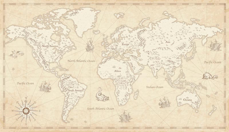 Carta Da Parati Vecchia Mappa Del Mondo Con I Continenti - Fotomurale