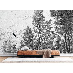 Carta Da Parati Bosco Illustrato in Bianco e Nero