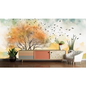 Carta Da Parati Albero Autunnale con Uccelli