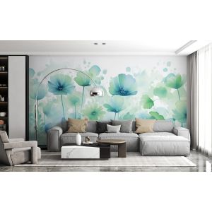 Carta Da Parati Fiori Acquerello Verde Azzurro