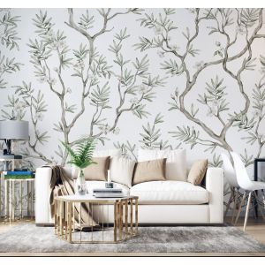 Carta Da Parati Rami Botanici Eleganti con Fiori Bianchi