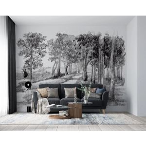 Carta Da Parati Paesaggio Bosco Disegnato a Matita