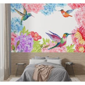 Carta Da Parati Floreale con Colibrì