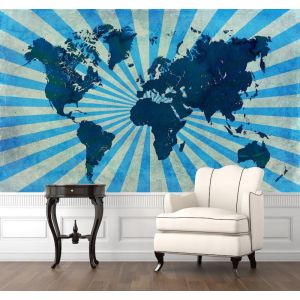 Mappa Del Mondo Blu Retrò - Carta Da Parati Murale Applicato