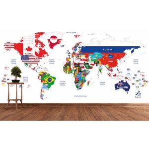 Mappa Del Mondo Di Bandiere - Carta Da Parati Per La Decorazione Applicato