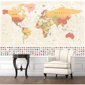 Mappa Del Mondo E Bandiere - Carta Da Parati Murale Applicato