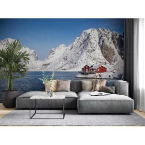 Applicazione Di Carta Da Parati Casa Sul Lago Tra La Neve