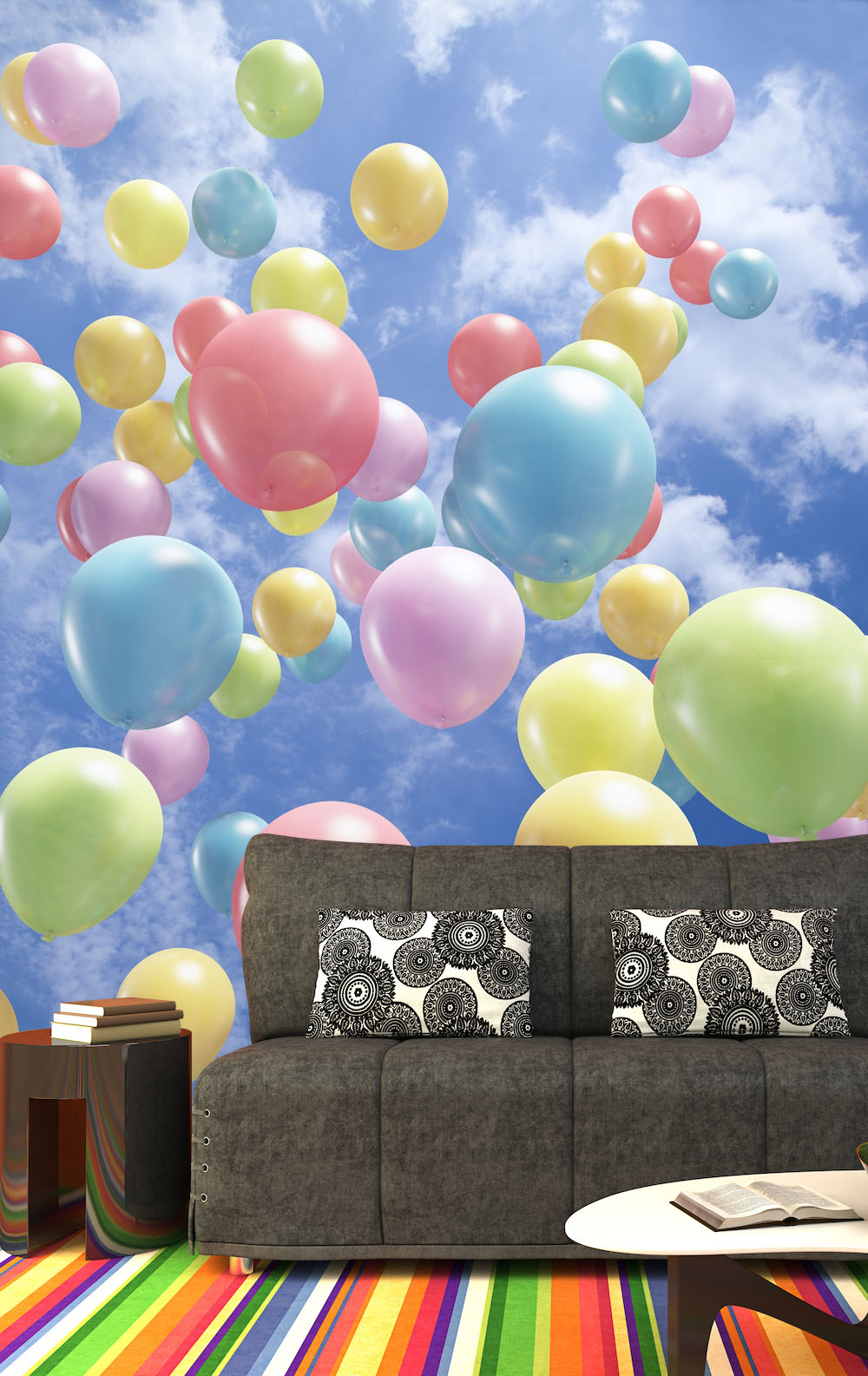 Impostare palloncini gialli e blu che volano nel cielo carta da parati  realistica con illustrazioni colorate e luminose 3d