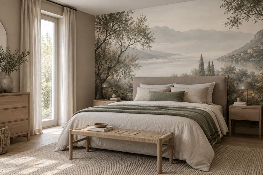 Abbinamento tra murale fotografico naturale e pittura in tono neutro su parete accento in camera da letto