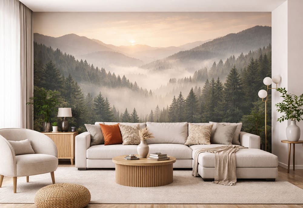 Carta da parati 3D fotografica personalizzata applicata su parete soggiorno - cartadaparati3d.it