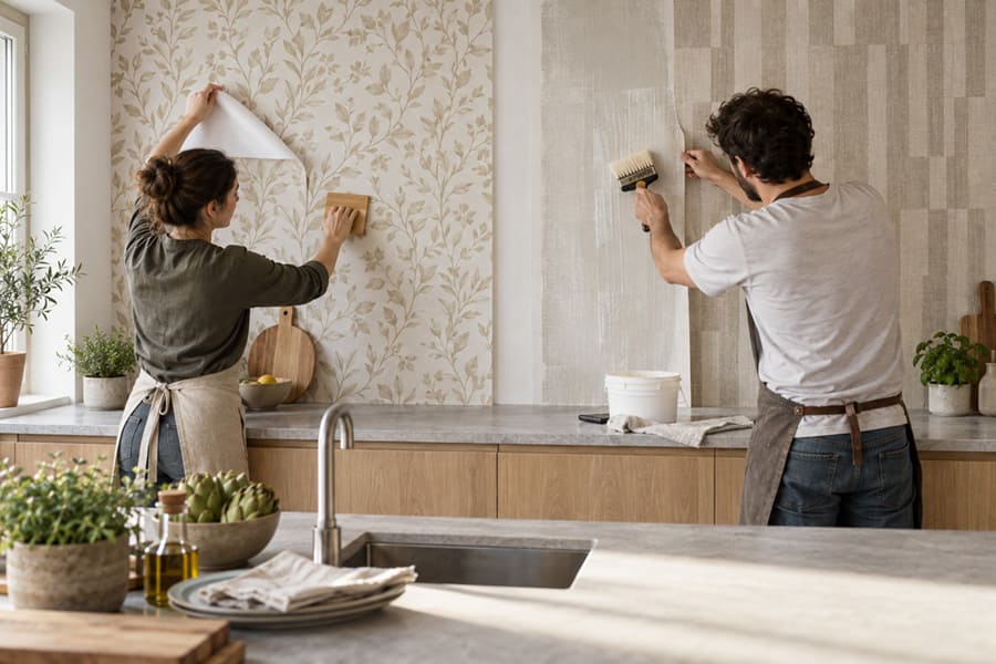 Confronto tra carta da parati adesiva e tradizionale applicata in una cucina moderna