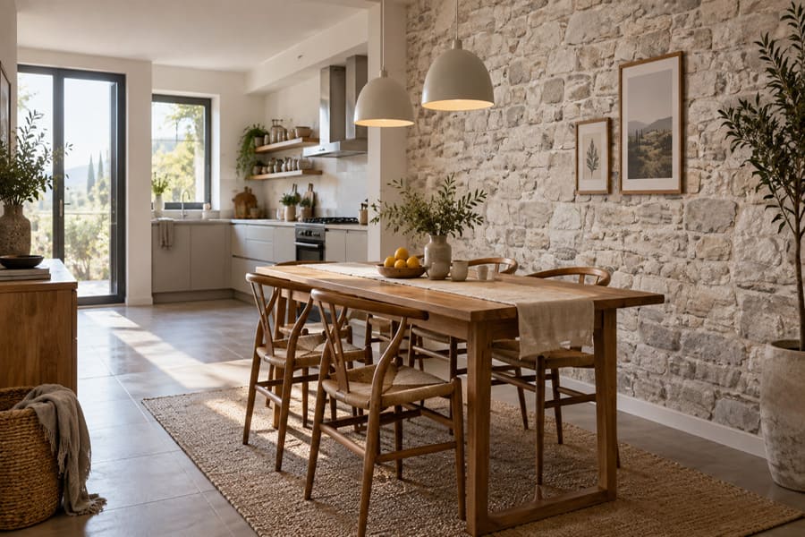 Carta da parati cucina effetto pietra applicata nella zona pranzo