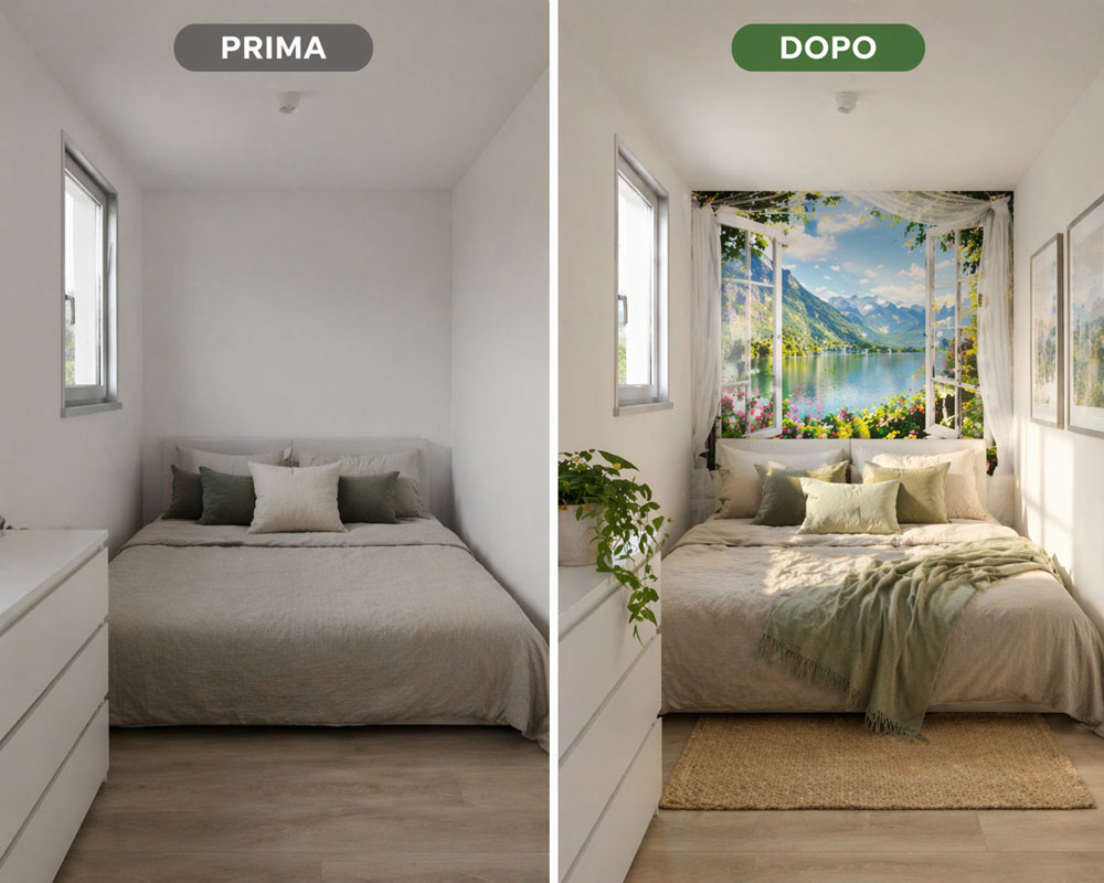 Rinnovare una parete senza demolire in stanza piccola con carta da parati effetto finestra sul paesaggio