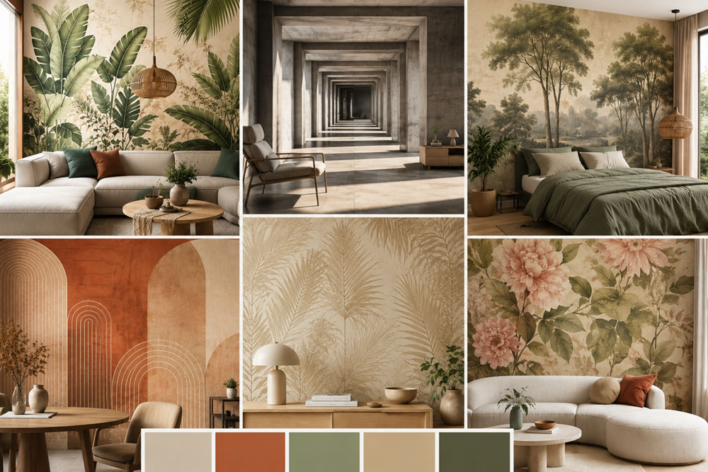 Collage delle ultime tendenze nella carta da parati 2025-2026: motivi botanici, effetti 3D e palette terracotta