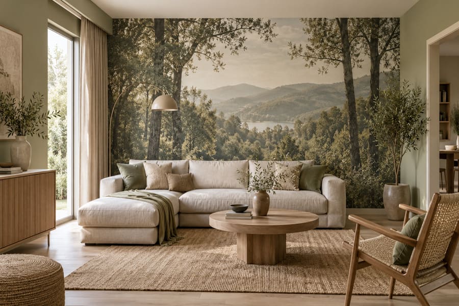 Come combinare pittura e carta da parati fotografica in un soggiorno moderno con parete accento naturale