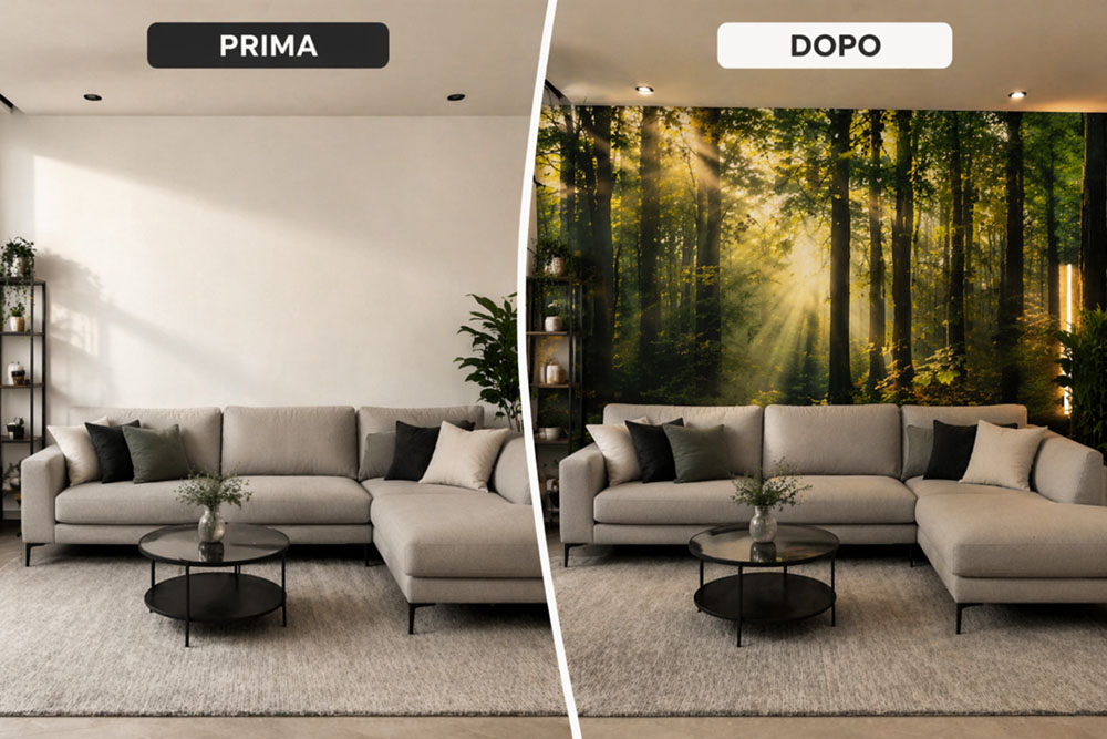 Trasformare una parete del soggiorno senza lavori - parete d'accento con fotomurales prima e dopo