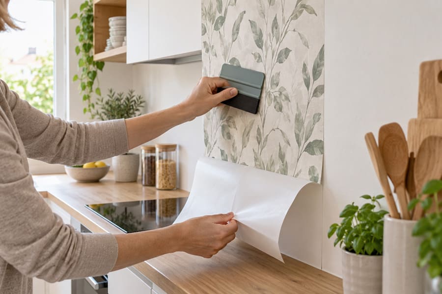 Fase di posa della carta da parati adesiva su una parete di cucina