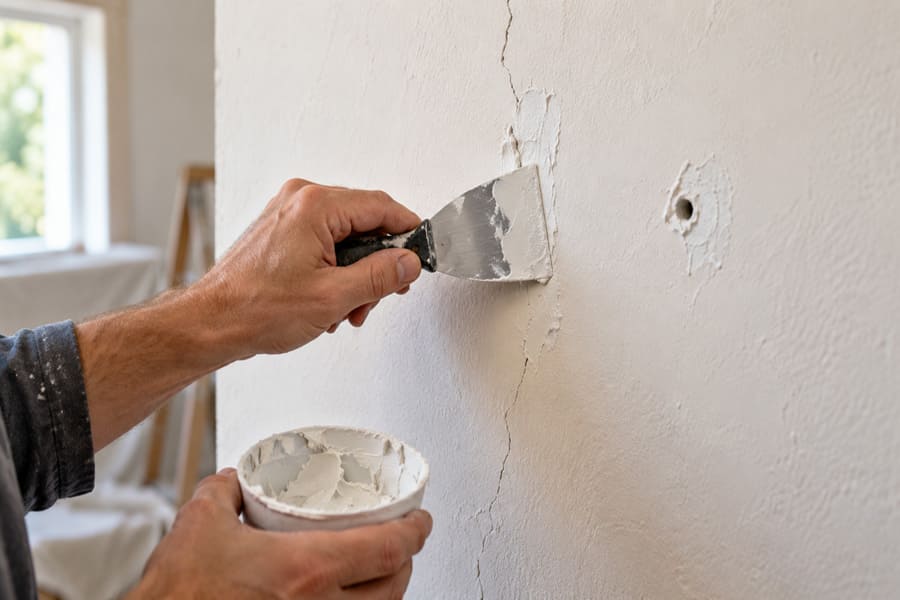 Stuccatura di crepe sul muro prima di applicare la carta da parati